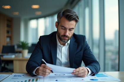 Homme d'affaires en costume analysant des graphiques financiers