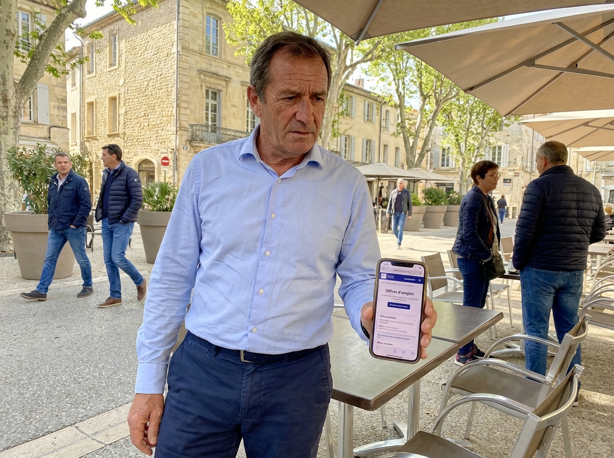 Homme recherchant des offres d emploi au café à Montelimar