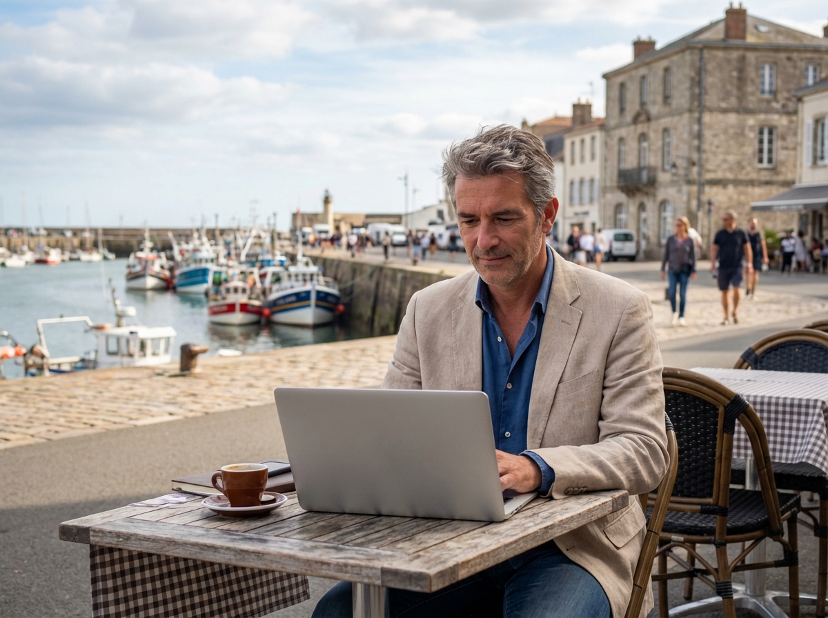 Homme travaillant au café face au port des Sables d
