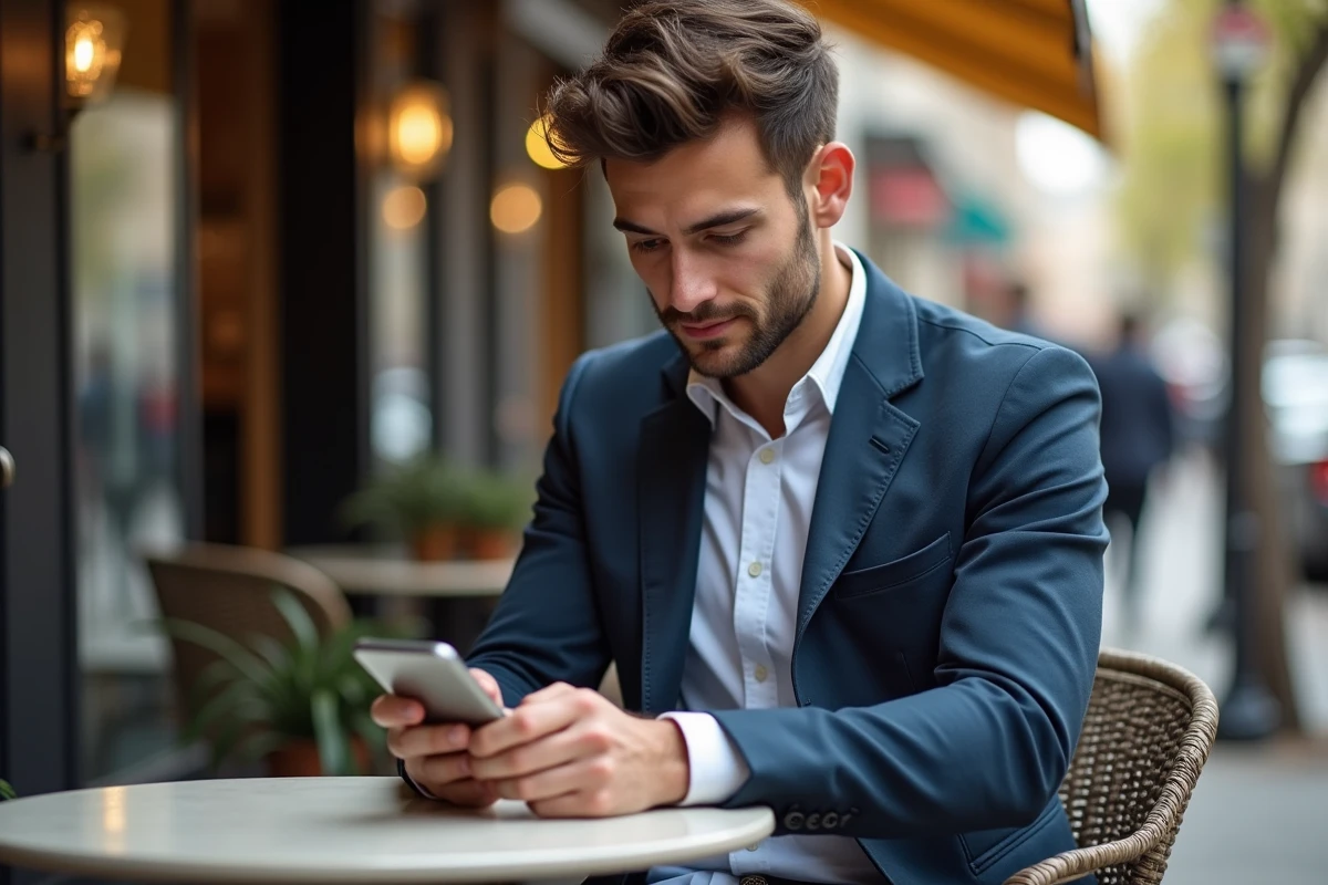 Jeune homme met à jour profil sur smartphone au café urbain