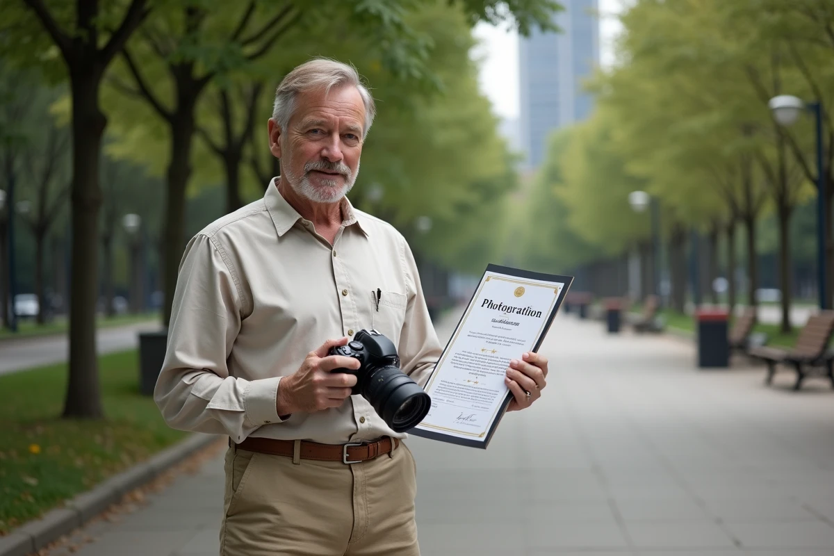 Homme vérifiant un certificat de photographie en plein air