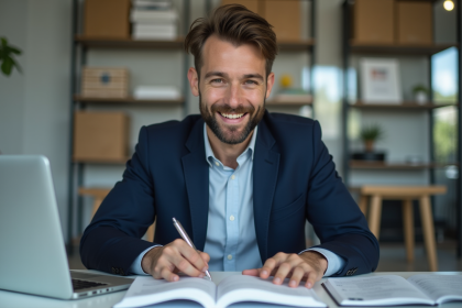 Homme confiant en finance dans un bureau moderne