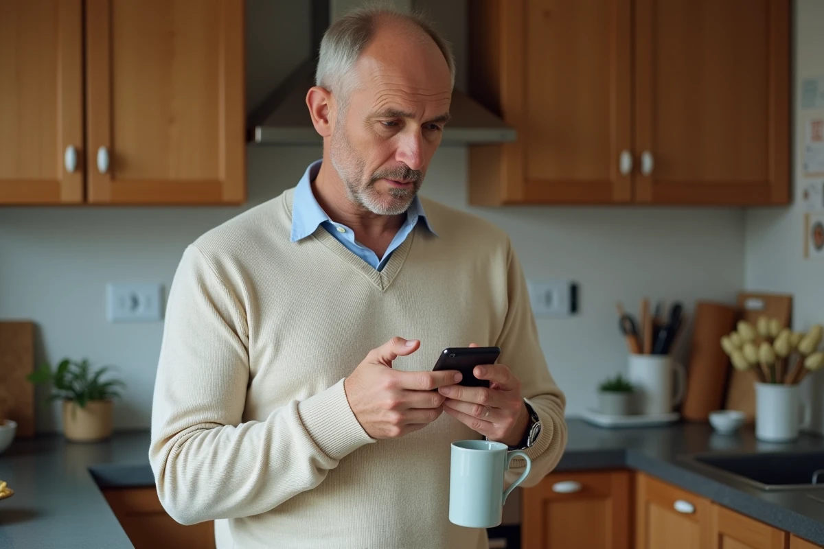 Homme dans la cuisine vérifiant son smartphone