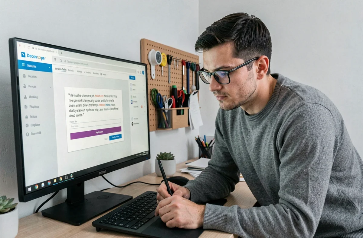 Jeune homme consultant la plateforme Decoscope pour obtenir un devis de formation design depuis son bureau à domicile