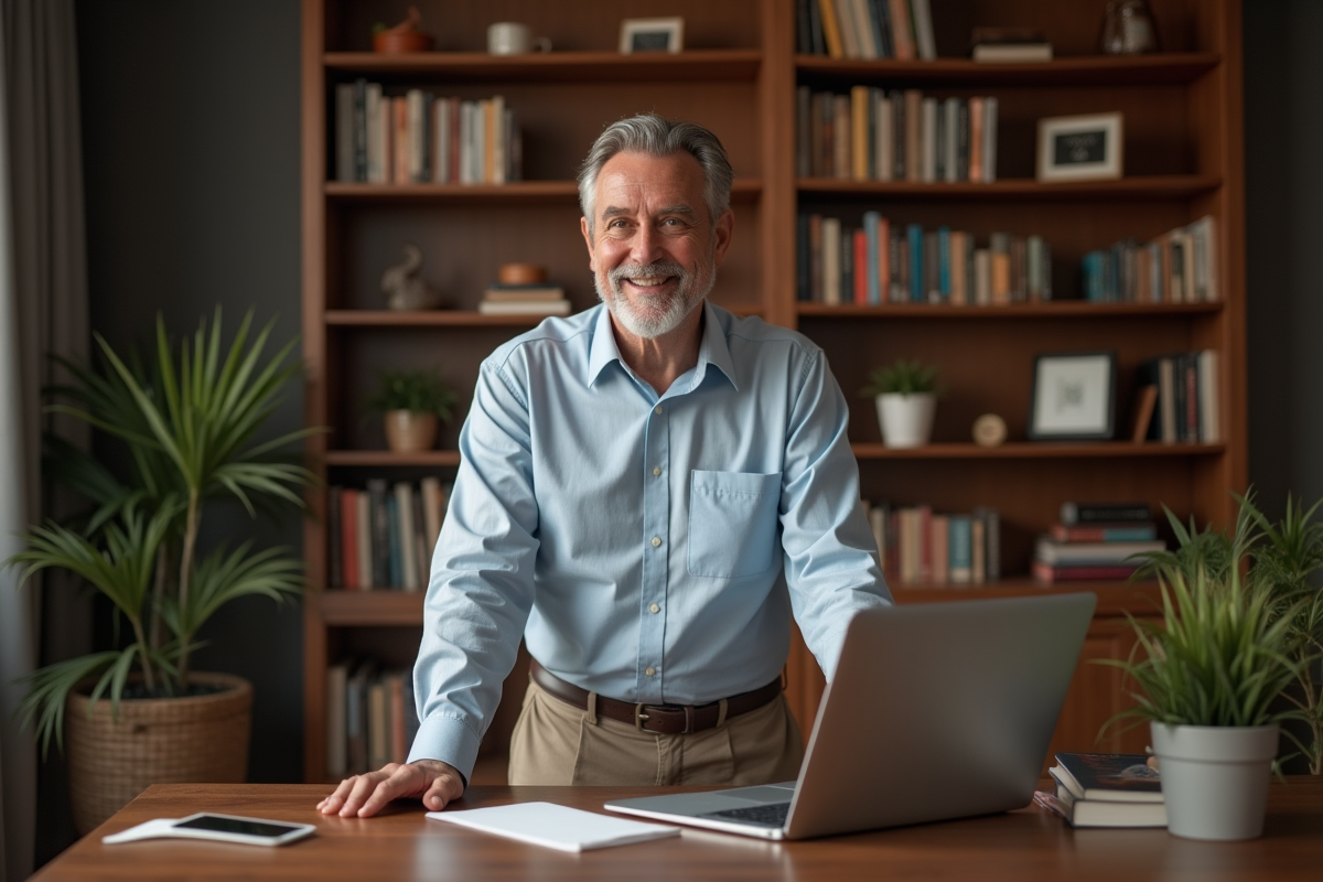 Homme mature expliquant ses idées dans un bureau à domicile chaleureux