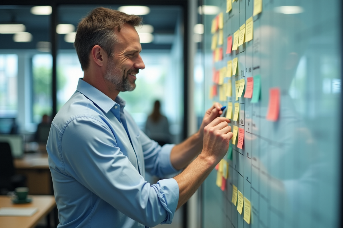 Homme ajustant ses notes dans un grand mur d office