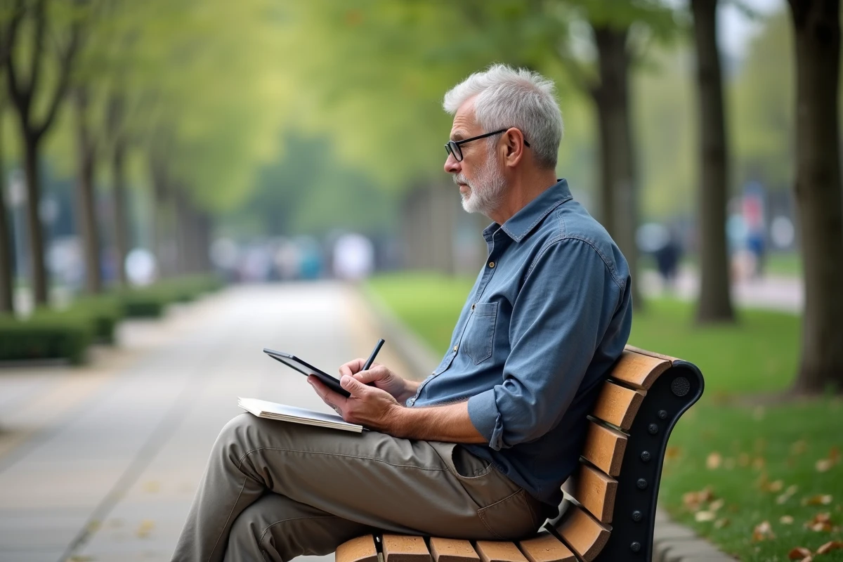 Homme mature lisant sur un banc dans un parc urbain