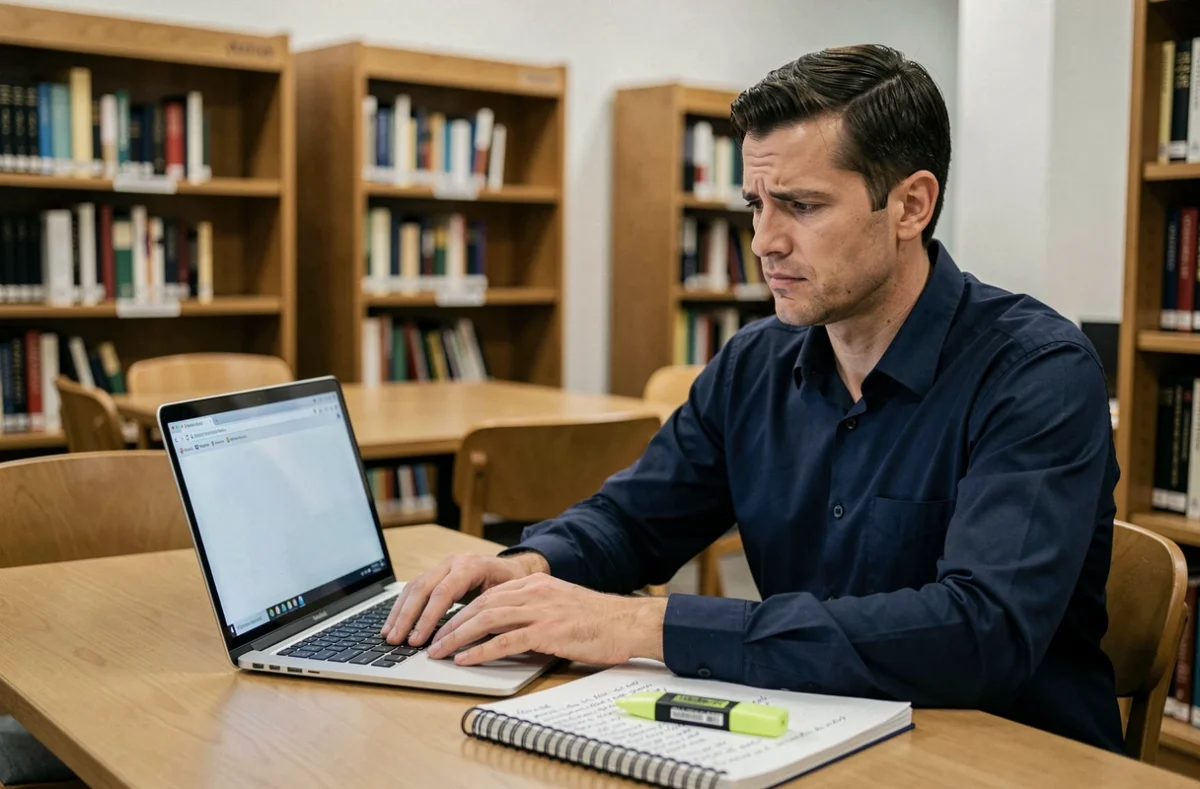 Homme concentré qui prépare un test de QI gratuit dans une bibliothèque avec un ordinateur portable et des notes manuscrites