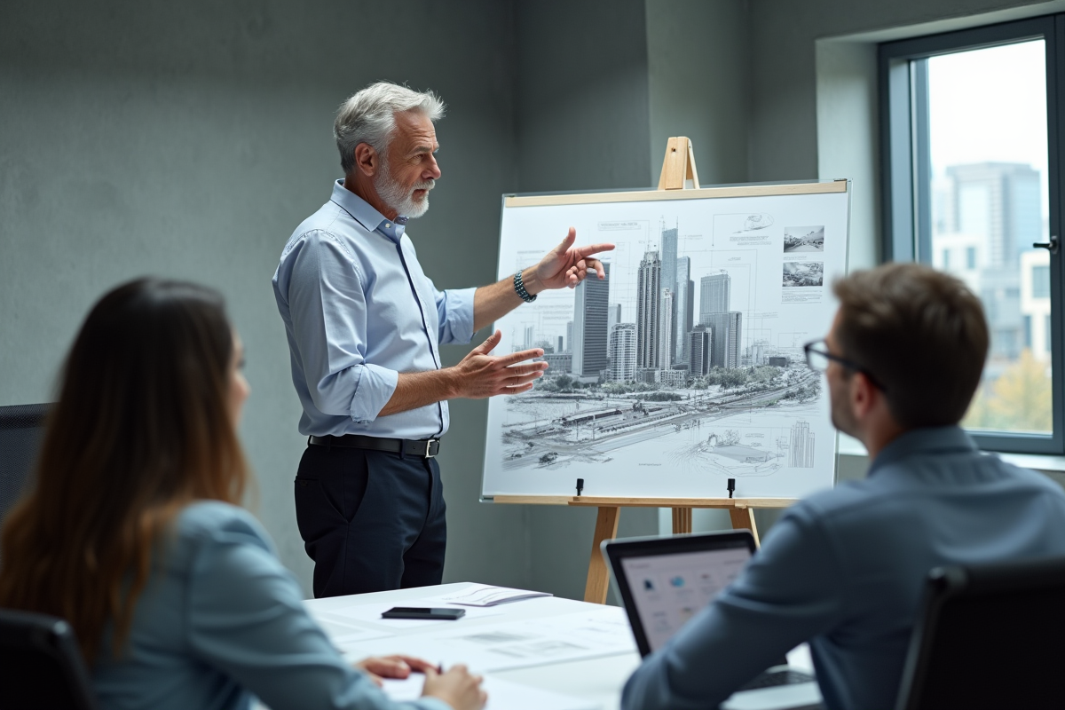 Homme mature présentant plans architecturaux en réunion