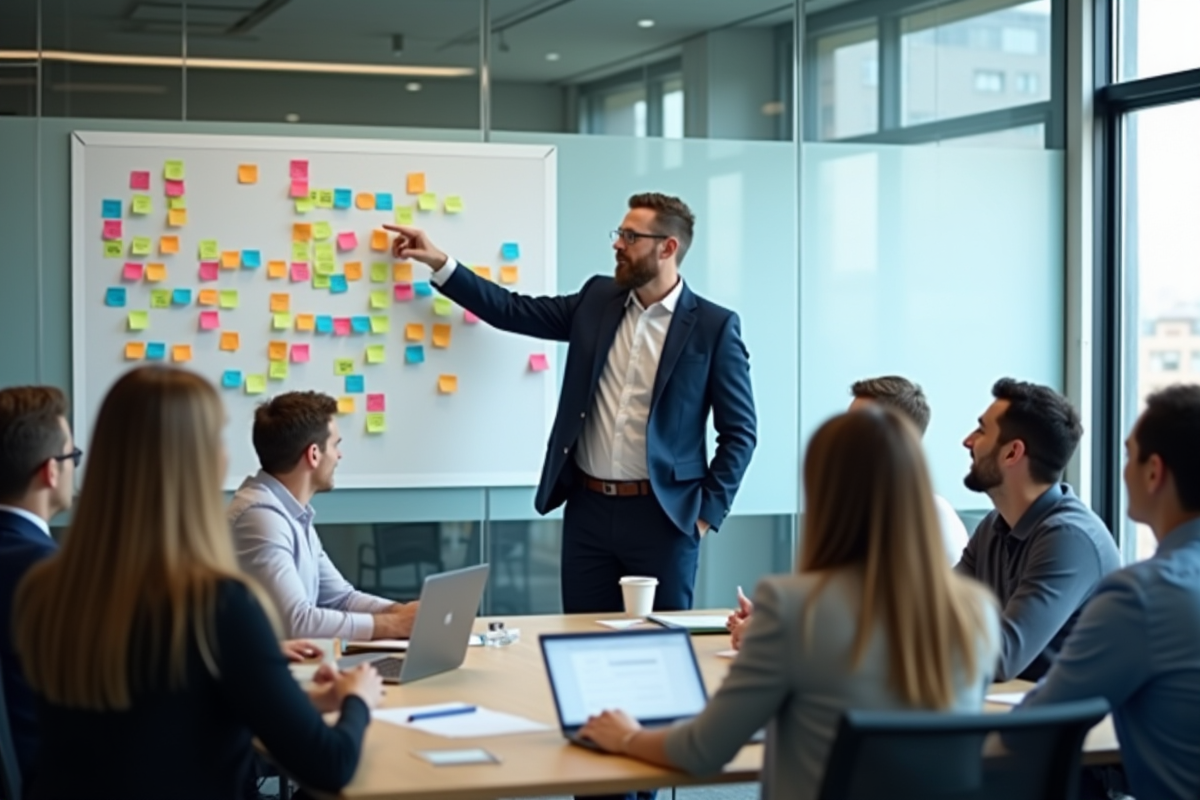 Homme en réunion analysant des notes colorées