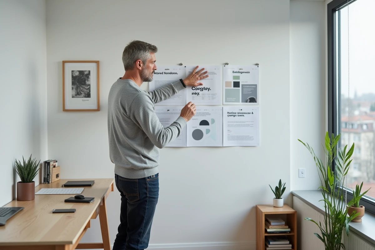 Homme en reconversion examinant un moodboard de design dans un bureau à domicile épuré et moderne