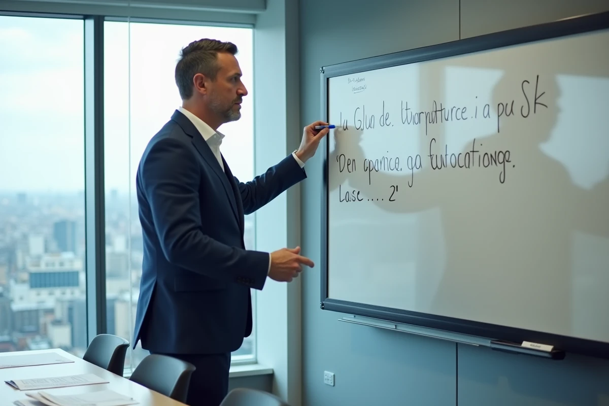 Homme français en costume dans une salle de réunion moderne avec vue urbaine