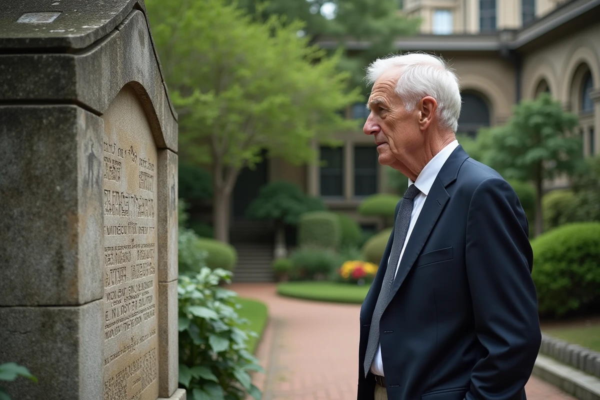 Homme âgé observant un monument en pierre dans un jardin historique