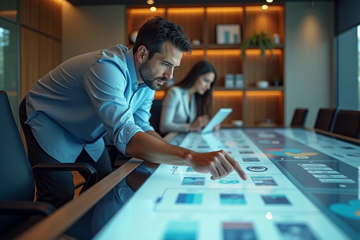 Homme en réunion collaborant sur une table tactile