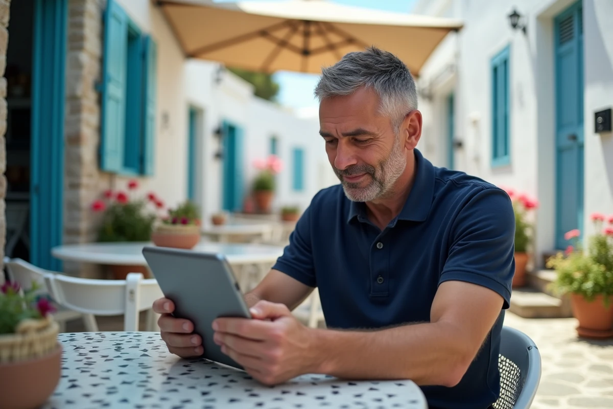 Homme utilisant une tablette dans un village cycladique en extérieur