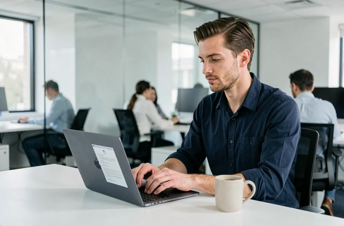 Homme en chemise bleue tapant une lettre de motivation sur un ordinateur portable dans un espace de travail moderne