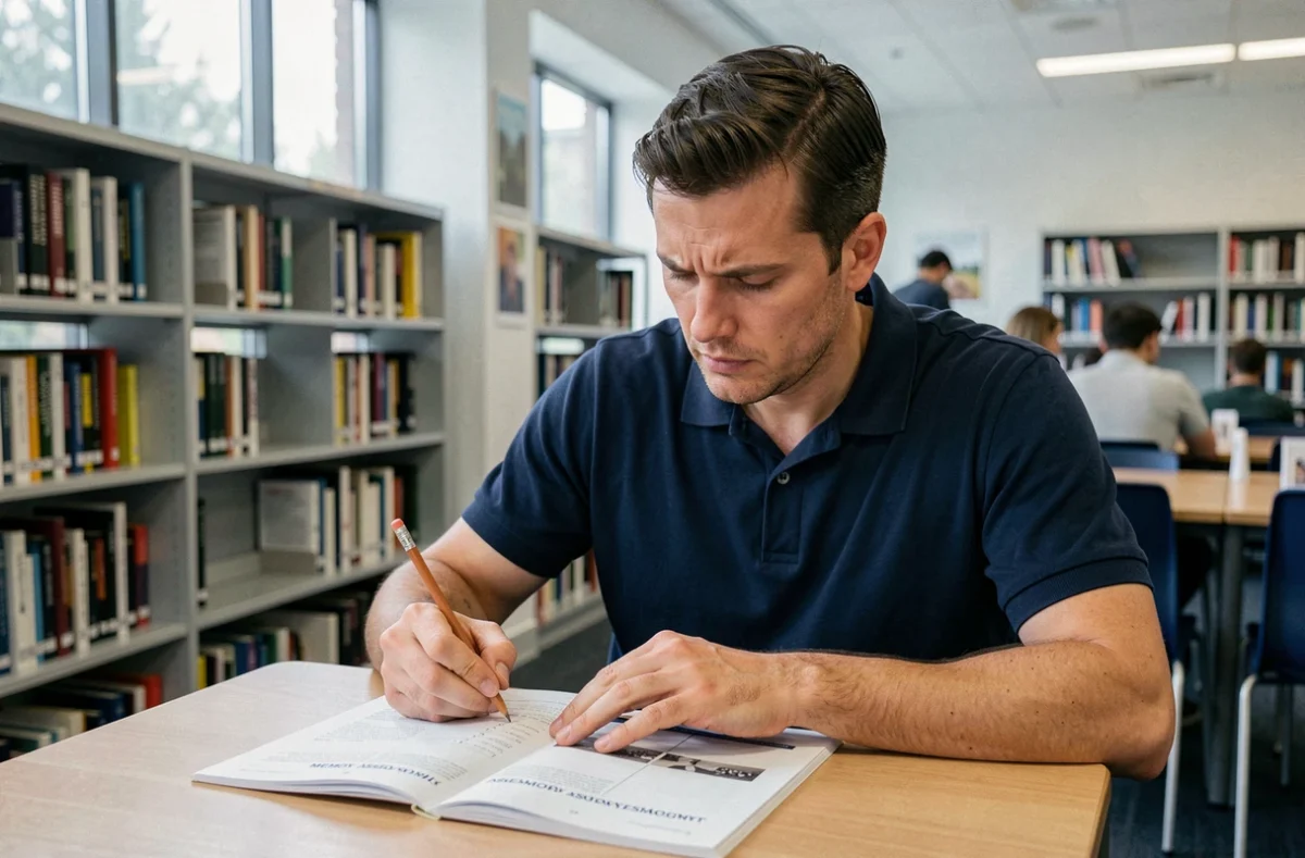 Homme adulte travaillant sur un test de mémoire imprimé dans une bibliothèque moderne pour améliorer ses capacités d'apprentissage