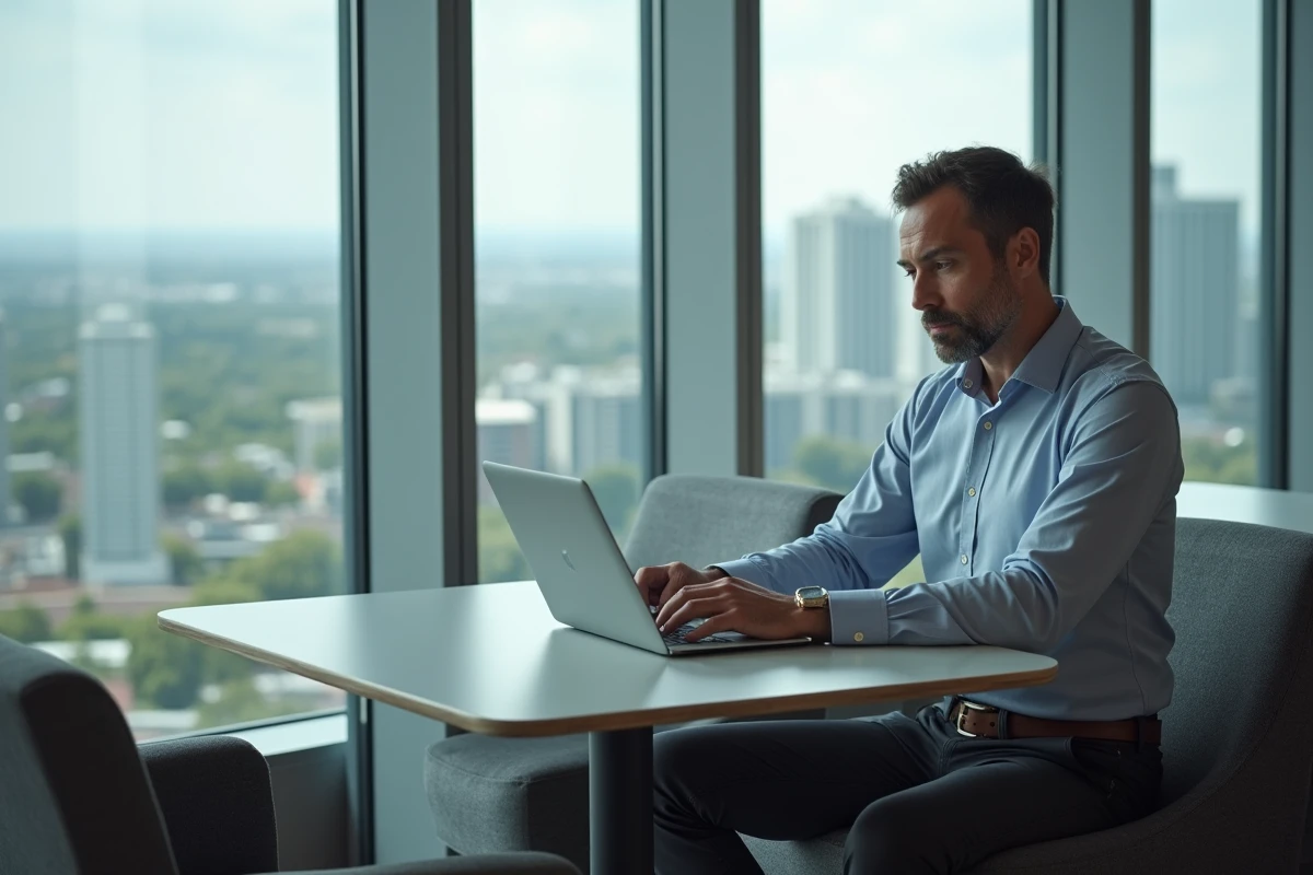 Homme en télétravail dans un lounge de bureau en hauteur avec vue urbaine