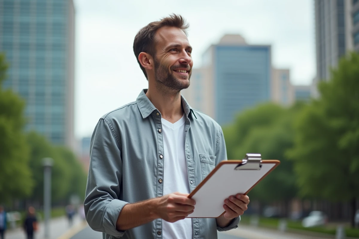 Homme en extérieur examinant des documents en ville