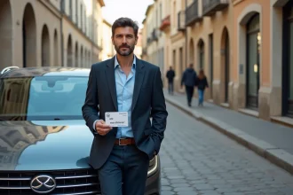 Homme d age moyen avec carte VTC devant sa voiture