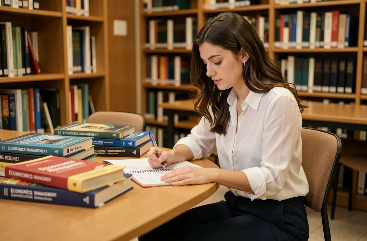 Étudiante de l'IAE Lille - University School of Management prenant des notes dans la bibliothèque universitaire