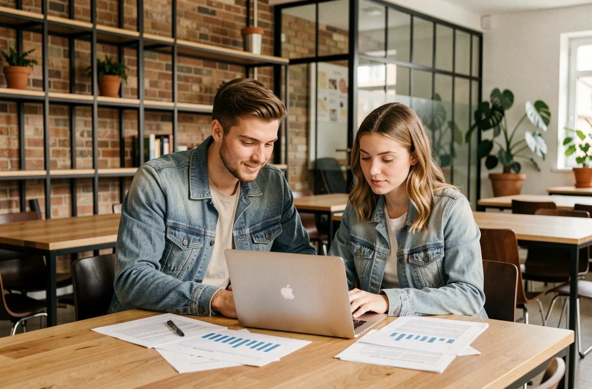 Deux étudiants collaborant sur un projet dans l'espace de co-working de l'IDRAC Business School campus Grenoble