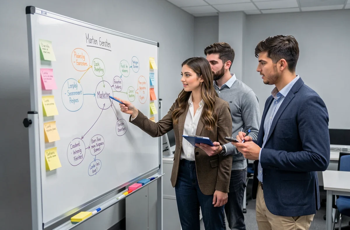 Étudiants de l'IDRAC Business School Lille travaillant sur un projet marketing autour d'un tableau blanc