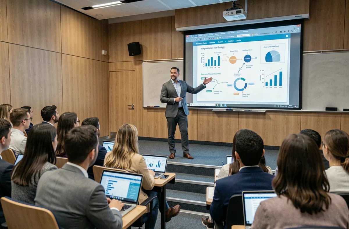 Professeur de l'IÉSEG School of Management animant un cours magistral dans un amphithéâtre moderne