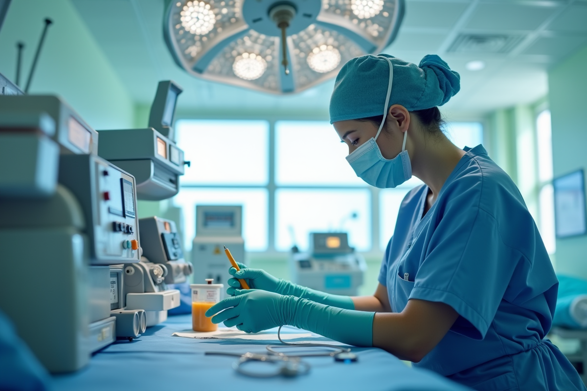 Infirmière préparant du matériel médical dans une salle d