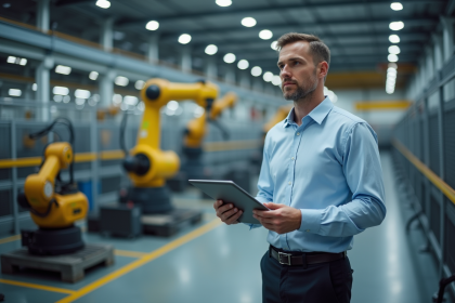 Ingénieur homme en usine moderne avec robots et machines
