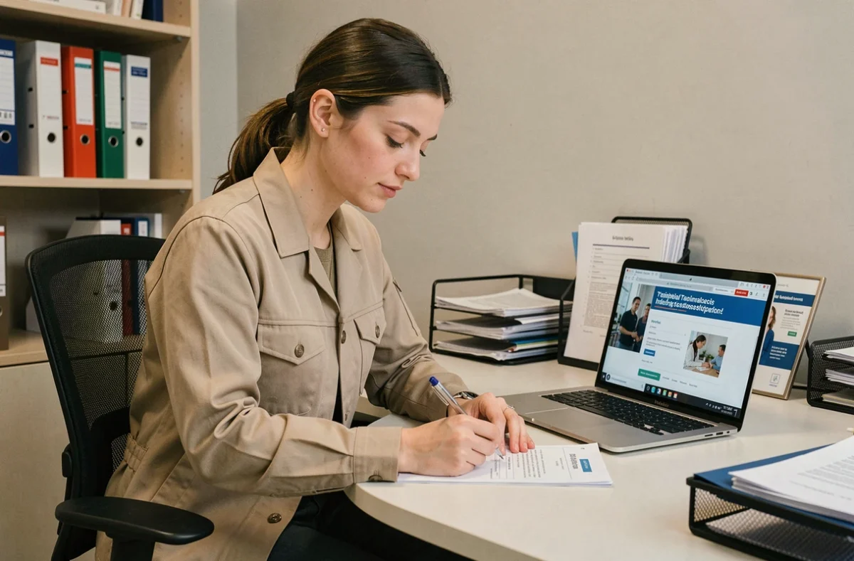 Femme adulte remplissant un dossier d'admission pour une formation BTP dans un bureau administratif avec un ordinateur portable ouvert
