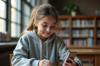 Collégienne installant l'application ENT Aisne sur un smartphone Android dans une bibliothèque scolaire