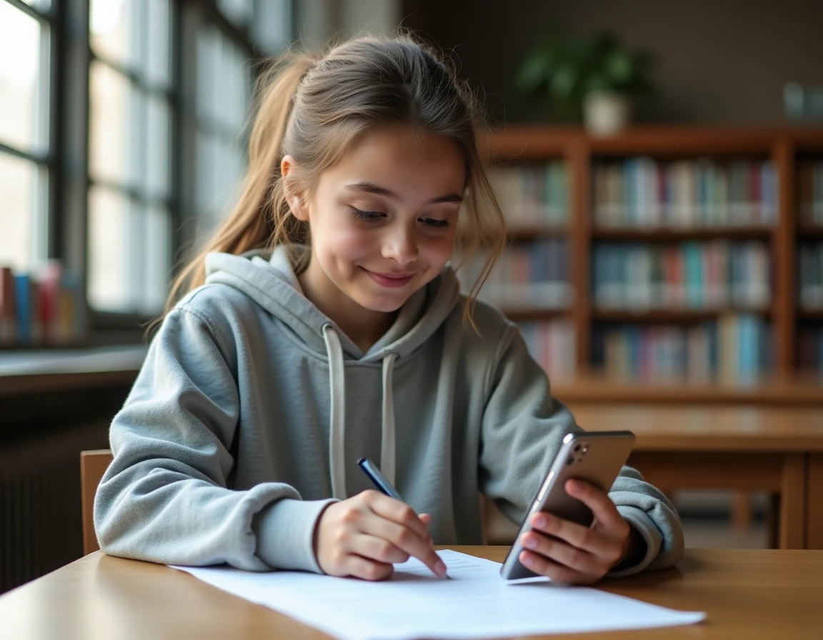 Collégienne installant l'application ENT Aisne sur un smartphone Android dans une bibliothèque scolaire