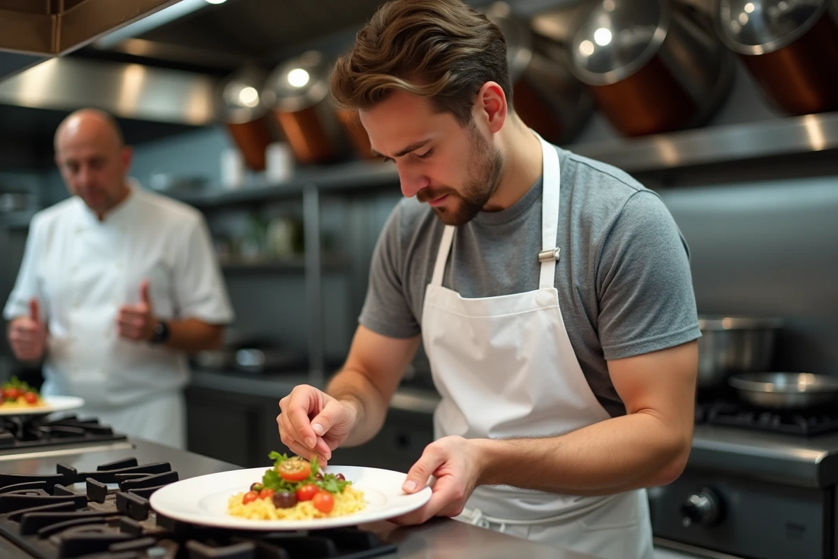 Jeune homme intérimaire apprenant le métier de cuisinier en restaurant sous la supervision d'un chef