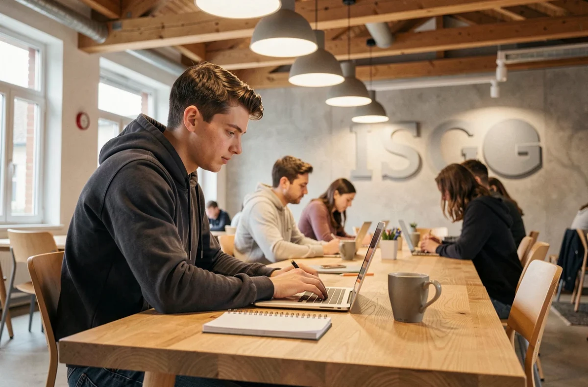 Étudiant travaillant sur son ordinateur portable dans l'espace étudiant moderne de l'ISG Grenoble