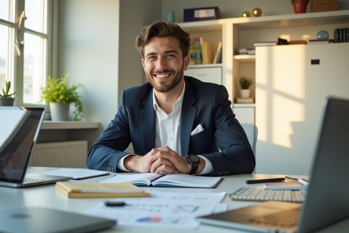 Jeune entrepreneur confiant dans un bureau lumineux