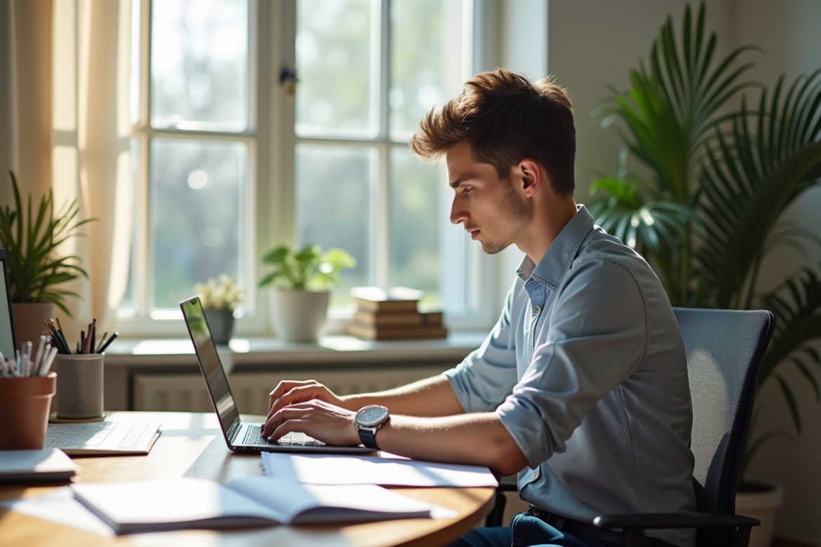 Jeune entrepreneur au bureau lumineux et organisé