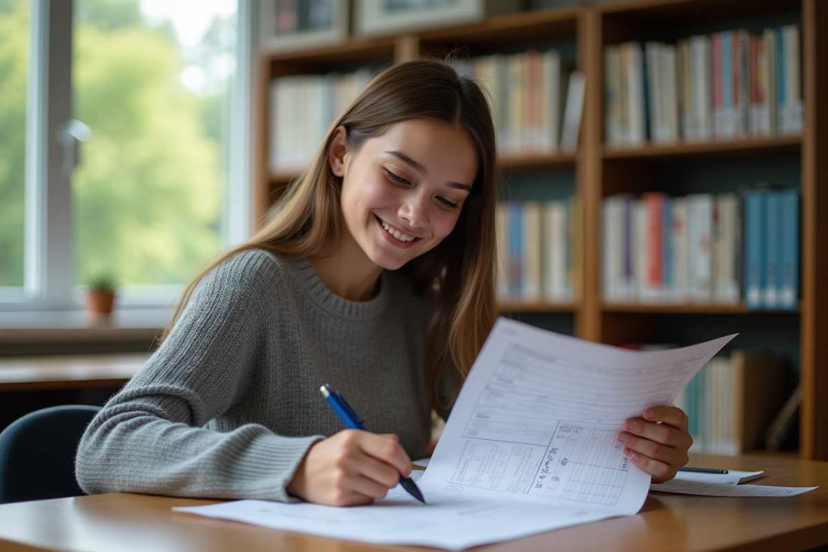 Jeune étudiante révise une grille d