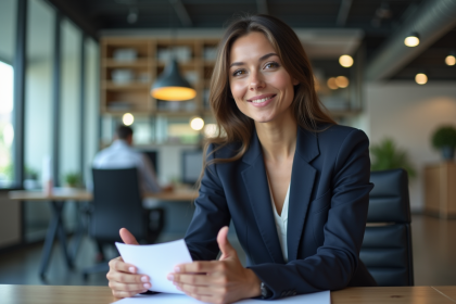 Jeune femme d'affaires confiante avec un CV dans un bureau moderne