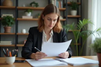 Jeune femme en bureau moderne examine ses documents