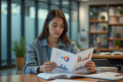 Jeune femme en étude dans une bibliothèque moderne