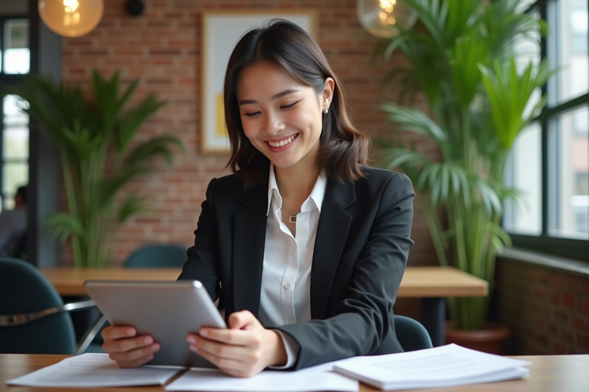 Jeune femme en tenue business casual dans un espace de coworking moderne