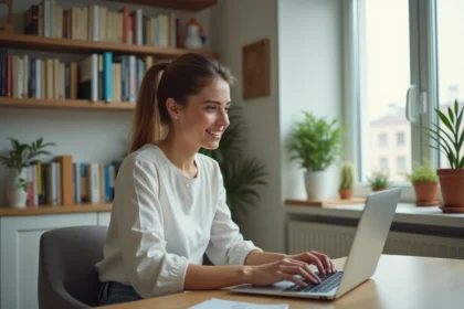Jeune femme souriante travaillant sur son ordinateur dans un espace moderne