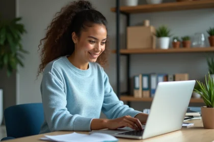 Jeune femme concentrée travaillant sur son ordinateur dans un bureau moderne