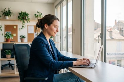 Jeune femme concentrée travaillant au coworking à Montelimar