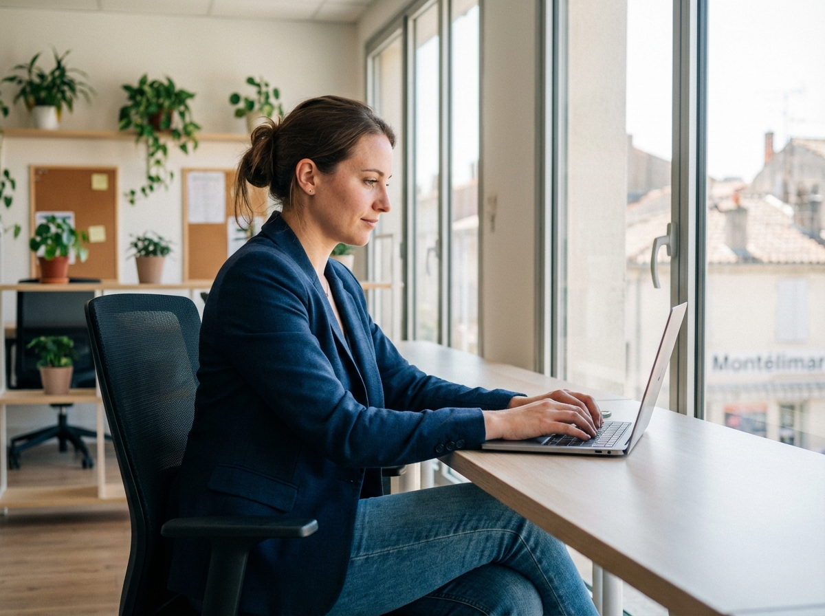 Jeune femme concentrée travaillant au coworking à Montelimar