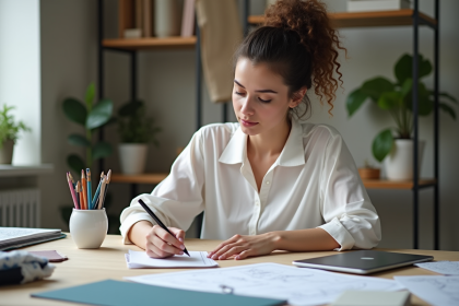 Jeune femme en bureau créatif esquissant un projet design