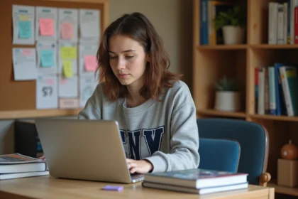 Jeune femme utilisant le portail ENT Univ Normandie dans sa chambre