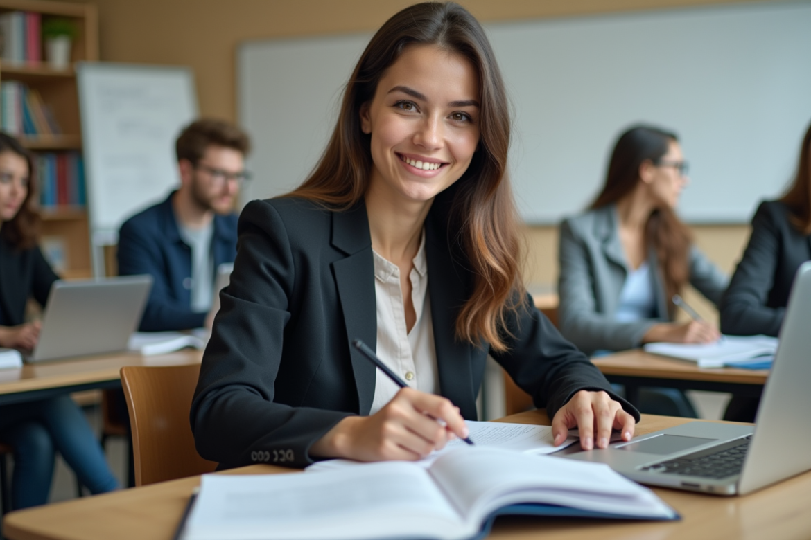 Jeune femme en blazer et jeans en étude universitaire