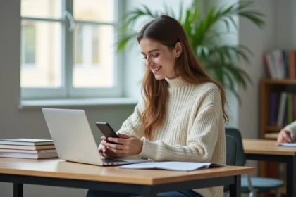 Jeune femme concentrée sur son ordinateur dans une salle d'étude universitaire